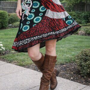 Desigual printed and embroidered patchwork jersey skirt, BOHO goth chic